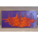 An abstract building, oil and wood on board, framed, 121 x 59cm