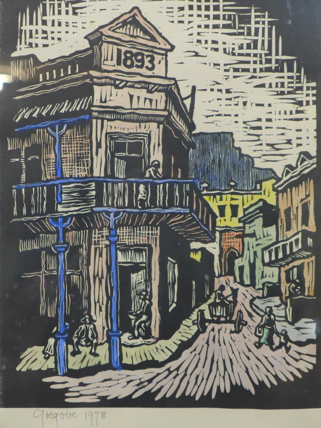Gregoire Boonzaier (South African, 1909-2005), Street scene, hand-coloured woodcut print, signed and