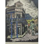 Gregoire Boonzaier (South African, 1909-2005), Street scene, hand-coloured woodcut print, signed and