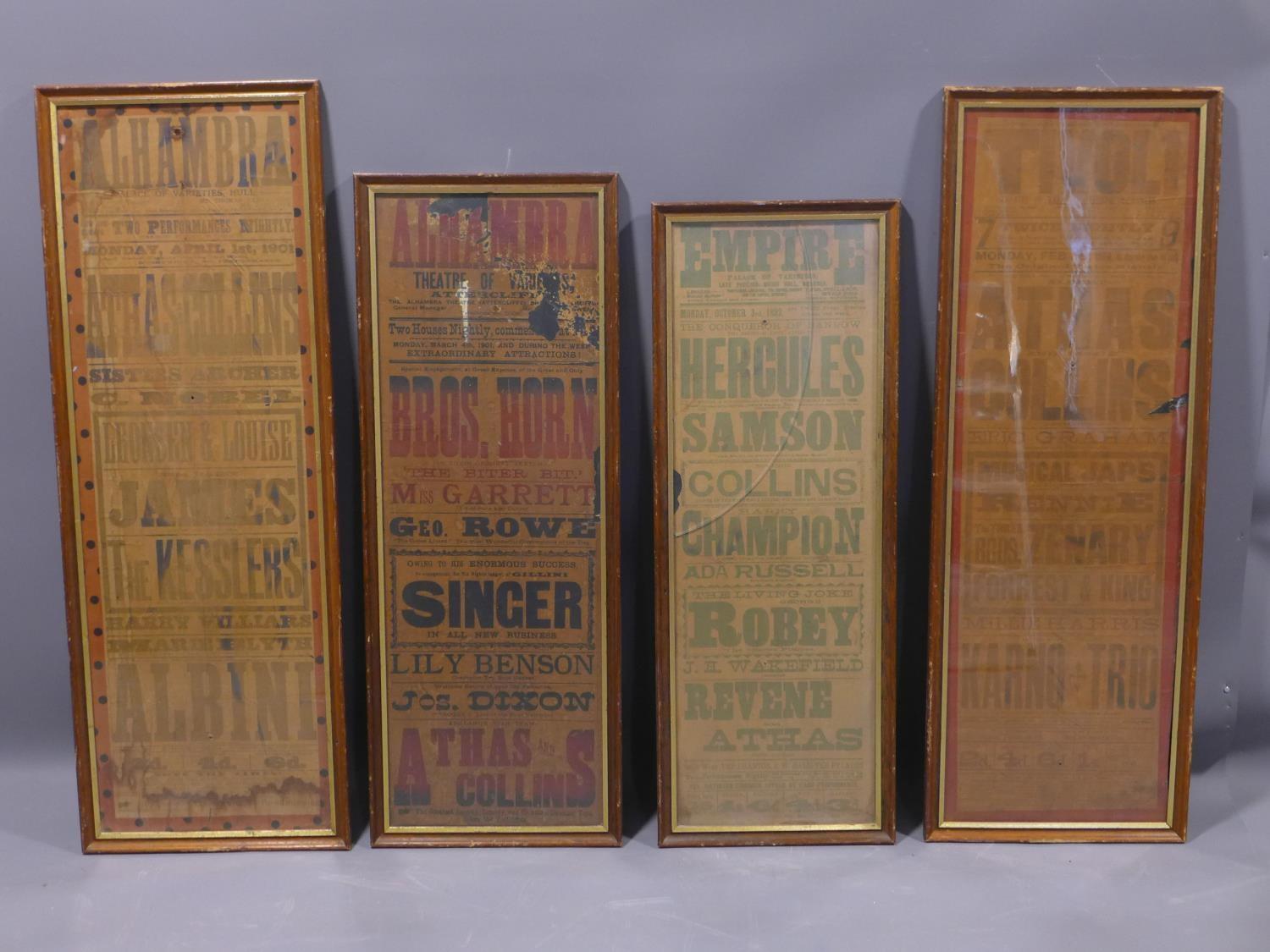 Four original late 19th / early 20th century music hall posters, framed and glazed (one with crack