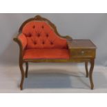 A mid 20th century button back telephone table, with red upholstery, H.86 W.94 D.43cm