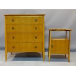 An oak chest of four drawers, on tapered legs, H.95 W.82 D.49cm, together with a matching bedside
