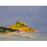 A limited edition print of a castle on a hill with sea to foreground, indistinctly signed '