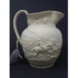 A Victorian Turner stoneware jug, decorated with hunting scenes to body and grape vines to neck,