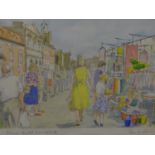 Ann Matthews, 'Summer Market, Blandford', hand-coloured print, signed, titled and numbered 2/10 to