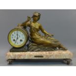 A late 19th century french mantel clock on marble base with spelter classical figure surmount. H.