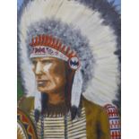 An oil on board of a Native American Chief, signed M. Ward to lower right, in distressed painted