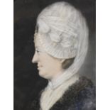 Attributed to Downman, R.A., An oval framed portrait of lady wearing a blue dress and white bonnet,