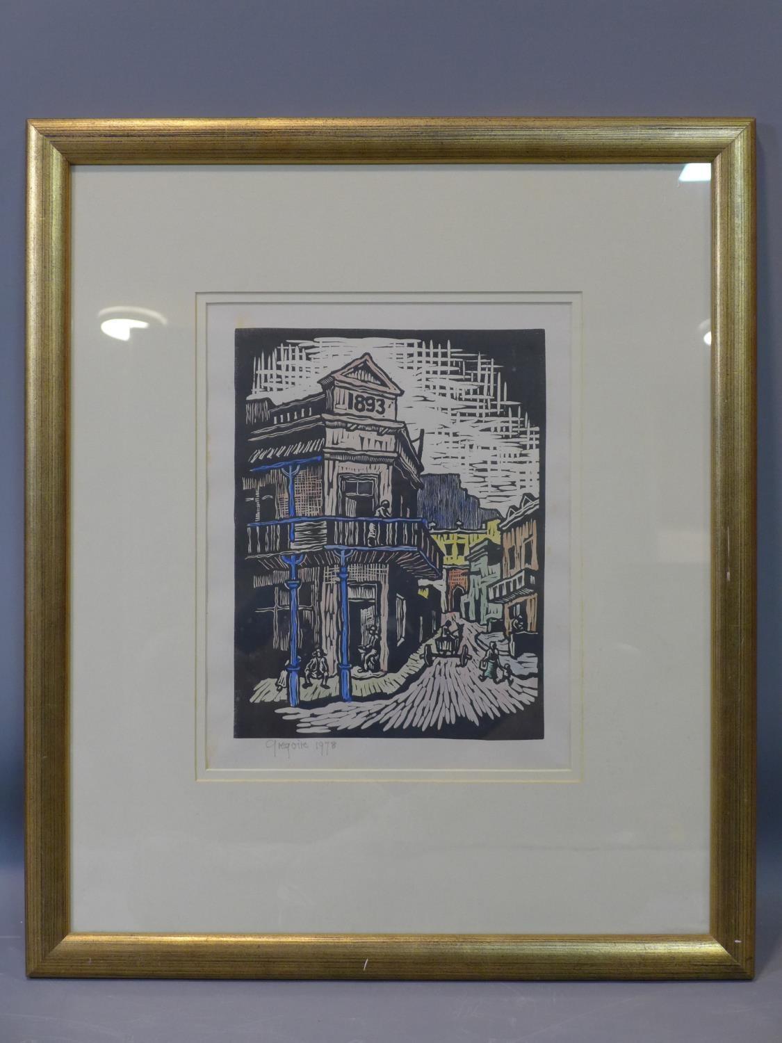 Gregoire Boonzaier (South African, 1909-2005), Street scene, hand-coloured woodcut print, signed and - Image 2 of 4