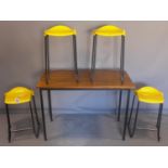 A 20th century hardwood table together with four bar stools. H.85 W.120 D.60cm