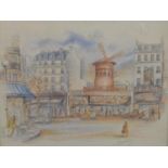 A print of a street view of the Moulin Rouge in Montmartre, Paris, indistinctly signed to block,