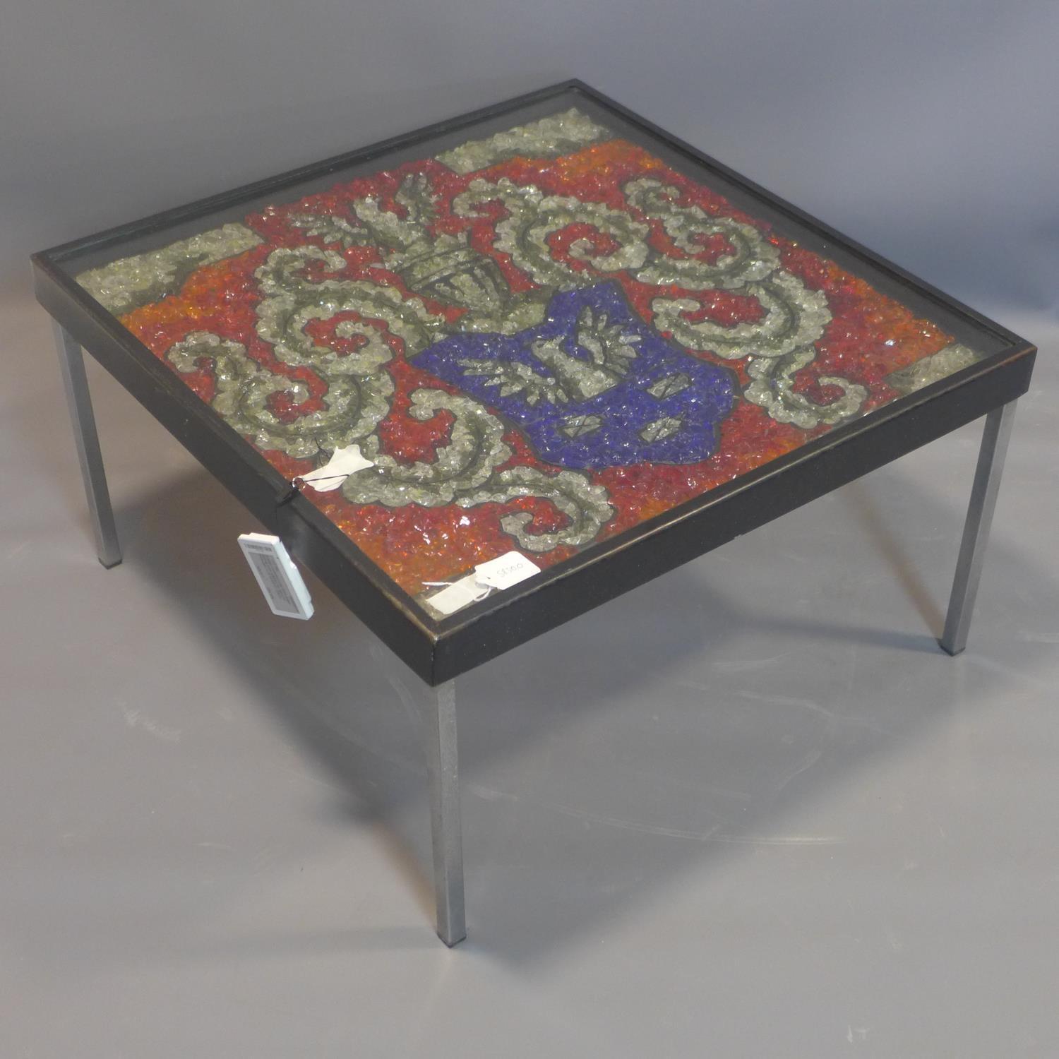 A coffee table with glass armorial crest to top, signed Wanda Kulesza, on square legs, H.40 W.72 D. - Image 2 of 3