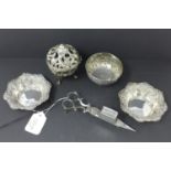 A collection of silver and white metal, to include two silver dishes with floral repoussé embossed