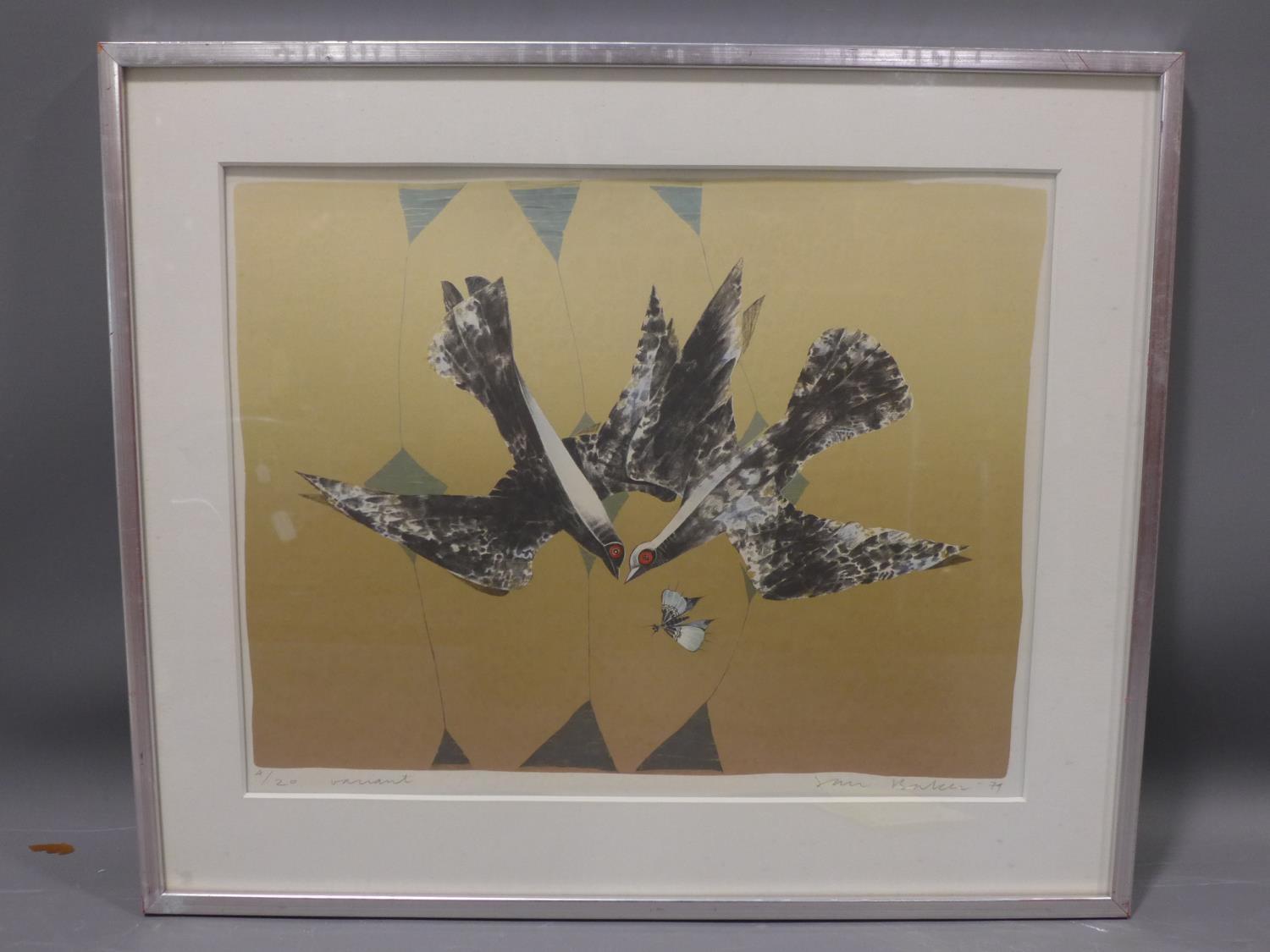 Jan Baker (Norwegian, born 1939), Two birds chasing a butterfly, lithgoraph, signed and dated 79 - Image 2 of 4
