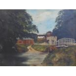 A 19th oil on board depicting bridge leading to a manor house, in gilt frame, 20 x 25cm