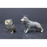 Two sterling silver miniature figures: one of a standing Alsatian dog, 3.2 x 4.5cm, and an owl, 2.