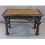 A 19th century ebonised writing desk, with two drawers, raised on ornate barley twist supports, on