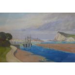 20th century British School (Roland Stead?), View of a coastal town and cliffs, watercolour, framed,