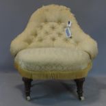 A Victorian button back upholstered chair, on gadrooned and turned legs raised on castors, H.76 W.