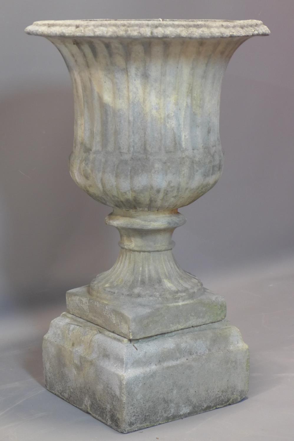 A reconstituted campana style garden urn, on stepped pedestal base, H.75cm Diameter 42cm - Image 2 of 3