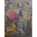 20th century French School, Painting of a flower vendor with cats, stamped on the back, framed, 51 x