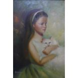 Freuann, 'Young Girl with Cat', oil on canvas, signed lower left, framed, 60 x 43cm