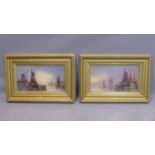 Dutch school, a pair of seascapes with boats at harbour and windmills to background, oil on board,