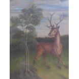 An early 20th century folk art painting of a deer in the wilderness, oil on canvas, framed, 52 x