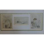 19th century British school, Three Grand Tour sketches, pen on paper, framed 13 x 30 cm (overall)