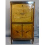 A Late 19th century French parquetry inlaid walnut secretaire, with marble top, H.150 W.82 D.44cm