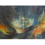 An abstract lithograph of a ship at sea, monogrammed EA and numbered 4/15, framed and glazed, 50 x