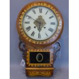 A 19th century mahogany and marquetry inlaid drop dial wall clock, the dial with Roman numerals,