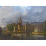Gerhardus Meijer (1816-1875), Townscape with Windmill by a river, oil on canvas, signed and dated