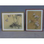 A mid 20th century Oriental watercolour on silk painting of sparrows and bamboo, signed and with red