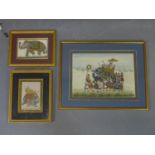 Three Mughal paintings, to include a procession with a Raja on an elephant with attendants, set in a