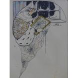 Early 20th century school, a lady with a spider's web by a window, pen and ink on paper, signed,