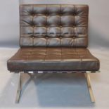 WITHDRAWN - A Barcelona style chair, with brown button back leather upholstery, H.77 W.75 D.75cm