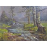 A Framed oil on canvas of trees by a stream, signed F. Meres H.49 W.59cm