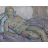 20th century Reclined Female Nude, Acrylic On Panel, initialled 'BD', 36 x 31 cm