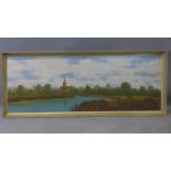 A framed oil on board of Salisbury Cathedral with river to foreground. H.44 W.120cm