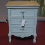 A small French style distressed blue painted chest. H.60 W.46 D.34cm