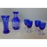 Set of engraved blue vases and glasses, 1950's