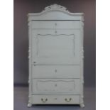 A French distressed painted cupboard, with cupboard door revealing shelves, above long drawer,
