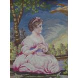 A 19th century needlework embroidery of a young girl sitting under a tree, in ornate pierced