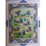 A 20th century Persian miniature of a polo match, in brass and ivorine Khatam frame with hand-