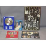 A framed award Diana Ross "silk electric" 1982, a tour award, various artists award, a framed