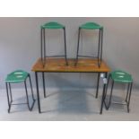 A 20th century hardwood table, together with four bar stools by Metalliform, H.85 W.120 D.60cm