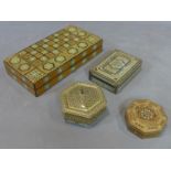 A collection of 20th century Islamic Khatam inlay items, to include a hexagonal cushion shaped box