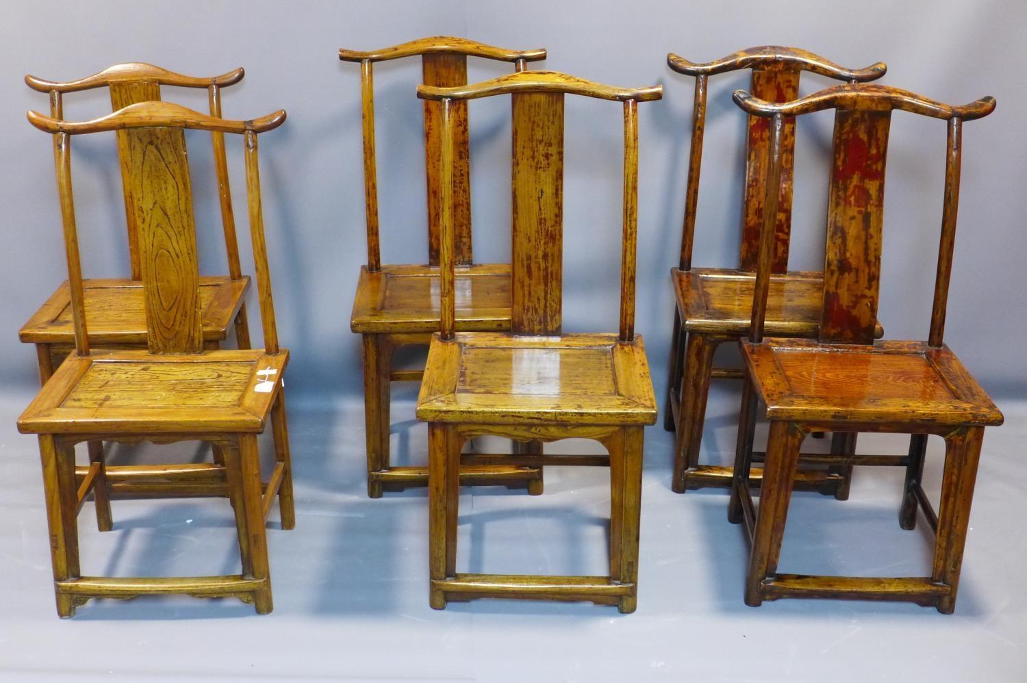 A set of 6 Chinese Ming elm dining chairs, officially stamped for authenticity with red wax seals to