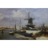 A late 19th century gilt framed oil on board, Dutch river scene, signed '80 L. Apol. H.17 W.26cm.